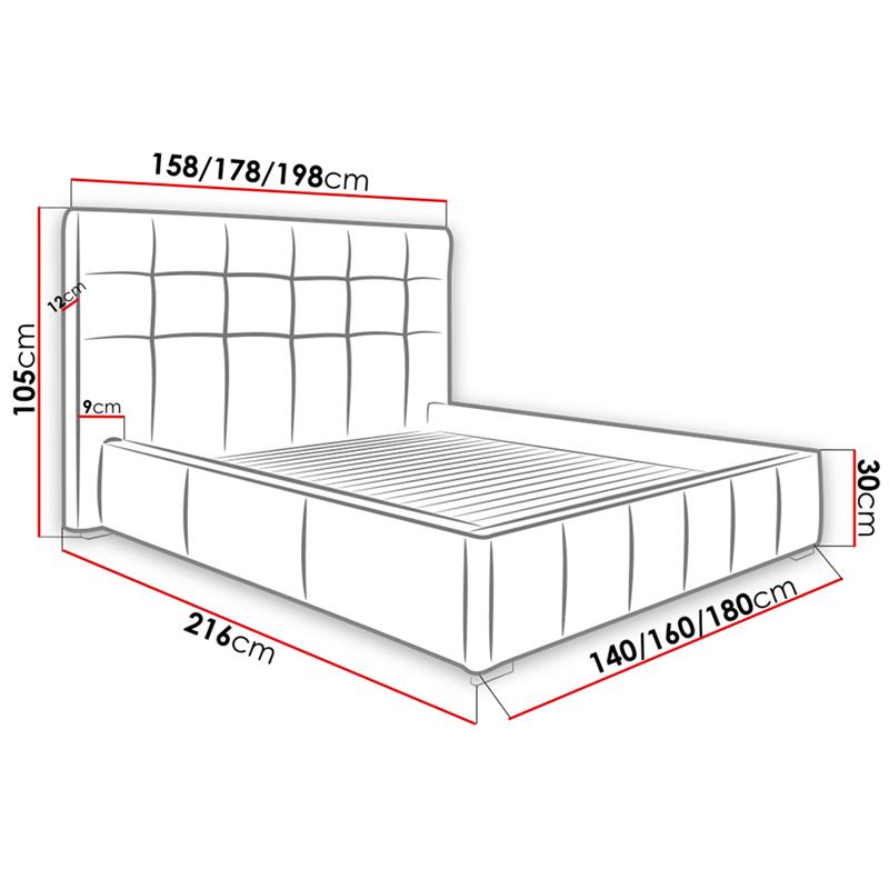 B150-upholstered bed-dimensions