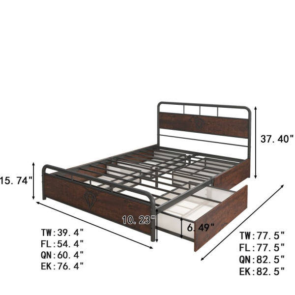 B154 Metal Wood Bed Frame, 4 Large Capacity Storage Drawers - 图片 6